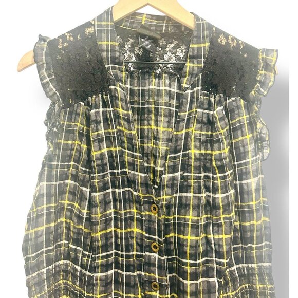 Torrid Plaid Button Front Dress Size 18 Black Yellow Lace Ruffle Smocked Waist - Picture 6 of 15